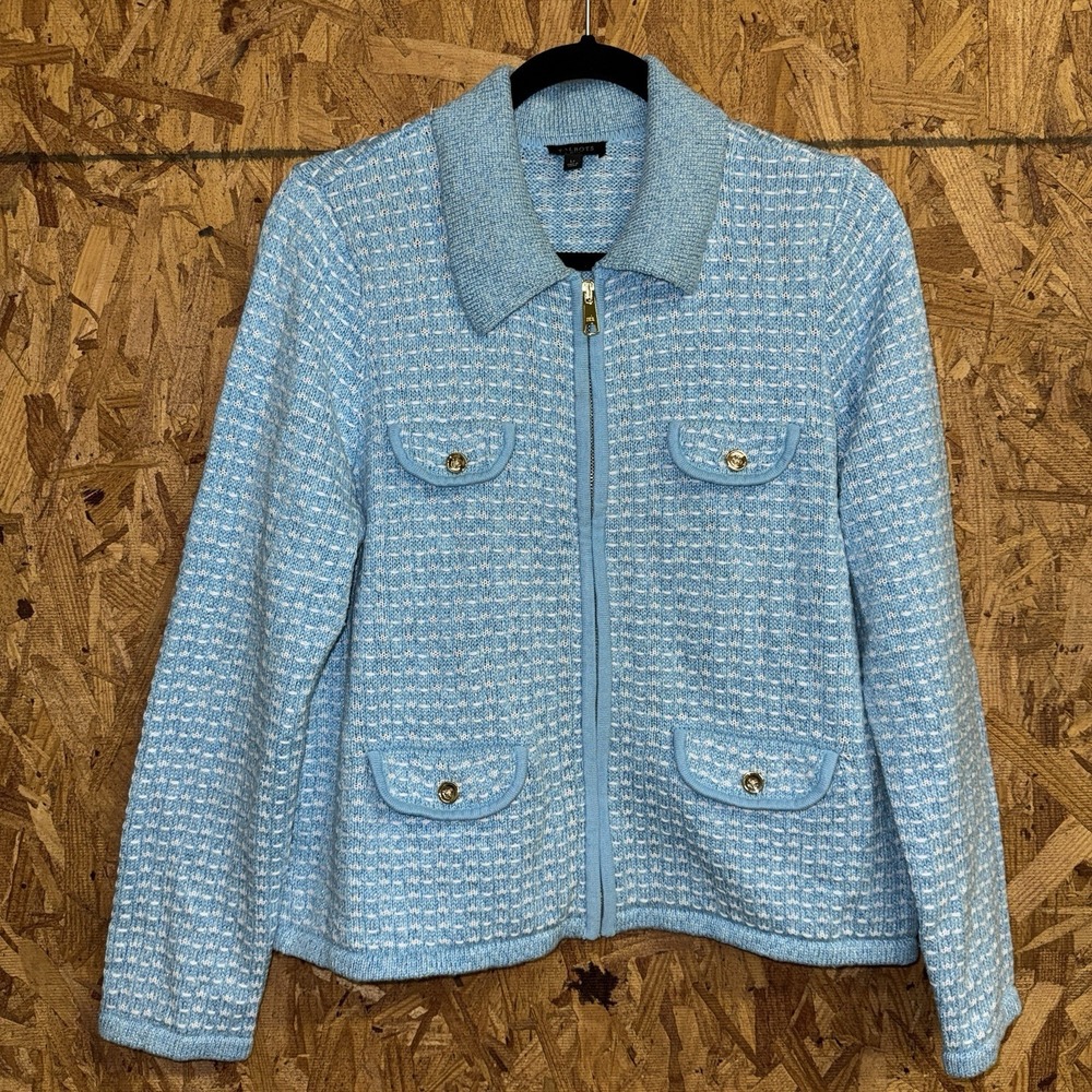 Talbots Petites LP Cardigan Sweater Jacket Blue Dash Stripe Old Money Classy Top